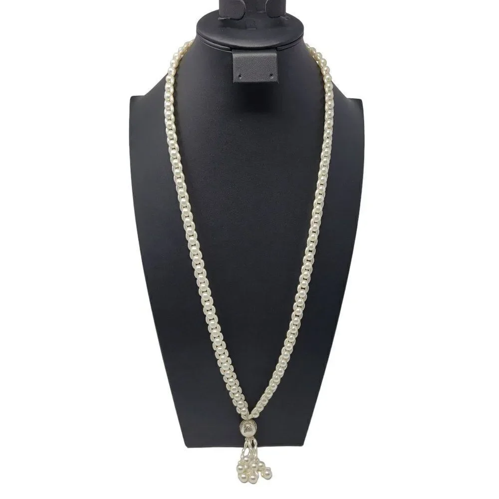 Vintage Faux Pearl Intricate Woven Opera Necklace Pearl Tassel Pendant Statement